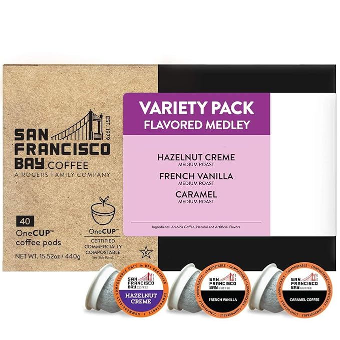 San Francisco Bay Compostable Coffee Pods - Variety Pack Flavored (40 Ct) K Cup Compatible including Keurig 2.0, Hazelnut, Cinnamon, Caramel, Vanilla Flavored Coffee
