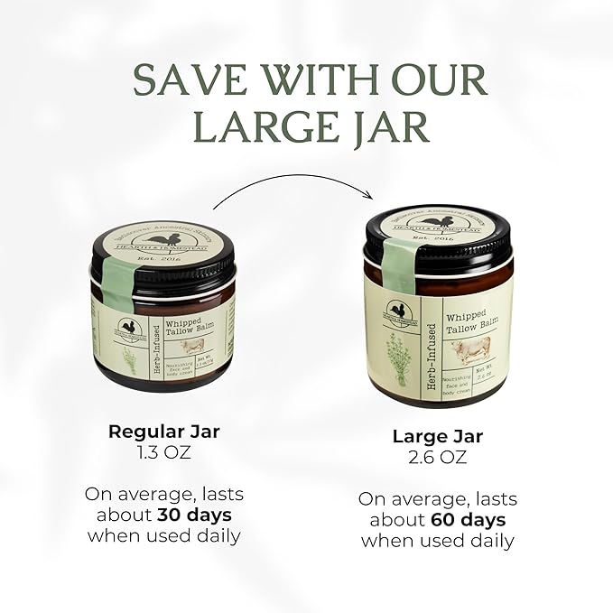 Hearth and Homestead: Handmade Whipped Tallow Balm (Herb-Infused/Unscented) - Large Jar - 2.6 oz