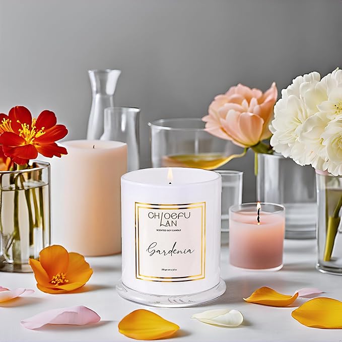 Chloefu LAN Gardenia Scented Candles for Home, Natural Soy Candle for Home Decor, Birthday Candle Gift for Women, 10 oz 65 Hours Burn