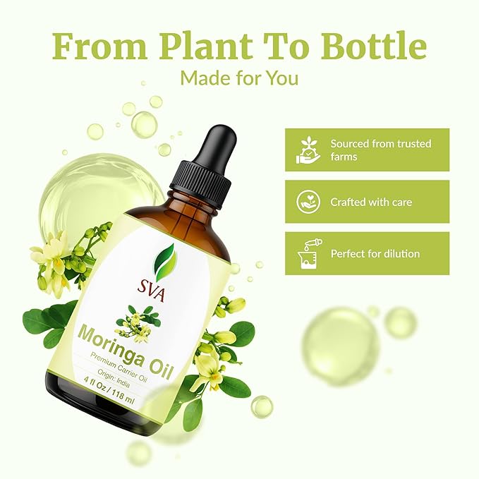 SVA Moringa Seed Oil - 4 Fl Oz – 100% Natural Cold Pressed Moringa Oil - for Face, Skin Care, Hair Care, Scalp Massage & Body Massage – Carrier Oil with Dropper