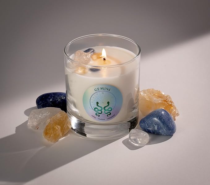 Luxury Glass Jar Candle, Gemini Zodiac Sign, 8.8 oz - Crystal Infused - Scents of Ozone, Jasmine, Moss & Wood - Made in USA, Hand Poured, Coconut-Soy Wax, Essential Oils, Dr. Developed