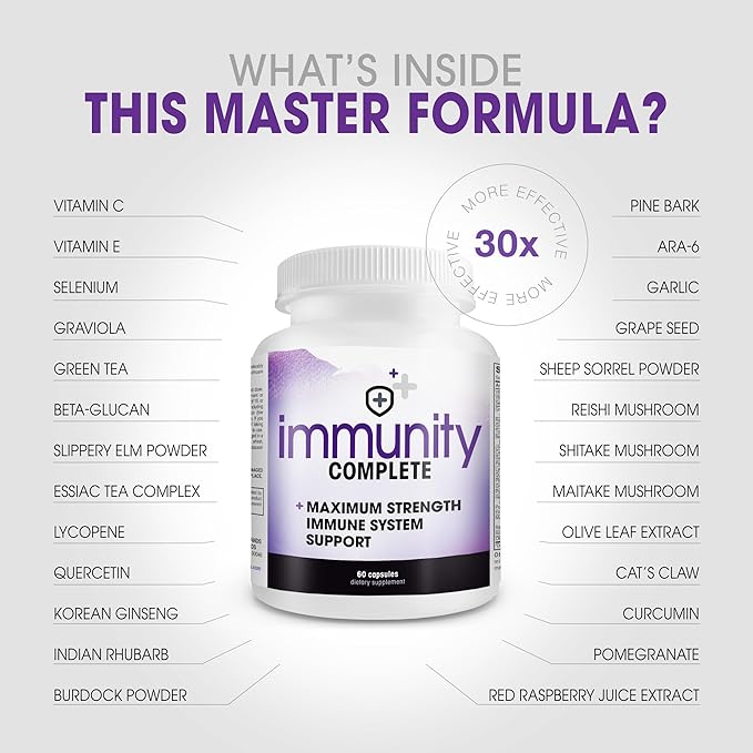 Immunity Complete - 20-in-1 Immune System Booster Formula with Cat's Claw, Quercetin, Vitamin C, and Olive Leaf Extract 60ct