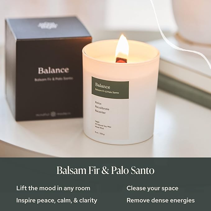 Mindful Modern Natural Balance Candle | Balsam Fir & Palo Santo Scented | Aromatherapy for Stress Relief, Meditation, Yoga, Chakra Healing, Prayer | Elegant Home Fragrance | Soy Wax | 8oz Glass Jar