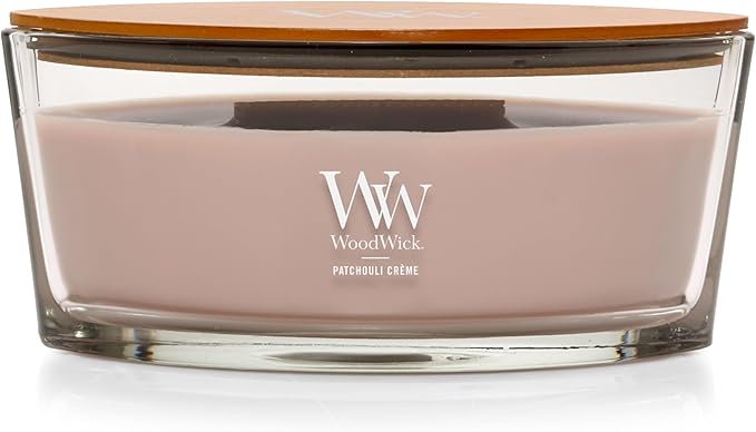 WoodWick Patchouli Crème Gifts for Women and Men, 16 oz Ellipse Candle with Crackling Wick