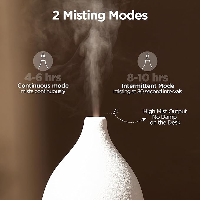 InnoGear Oil Diffuser, 150ML Ceramic Diffuser for Essential Oils Handcrafted Aromatherapy Diffuser Ultrasonic Cool Mist Humidifier with 2 Mist Modes Waterless Auto Off for Room Office, White