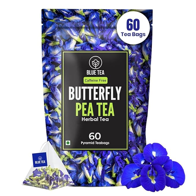 BLUE TEA - Butterfly Pea Flower Tea - 60 Count - Pyramid Plant Based Tea Bag | ANTIOXIDANT RICH | Caffeine Free - Flower Based - Herbal Tea - Chemical Free - Non Bitter | Zipper Pack