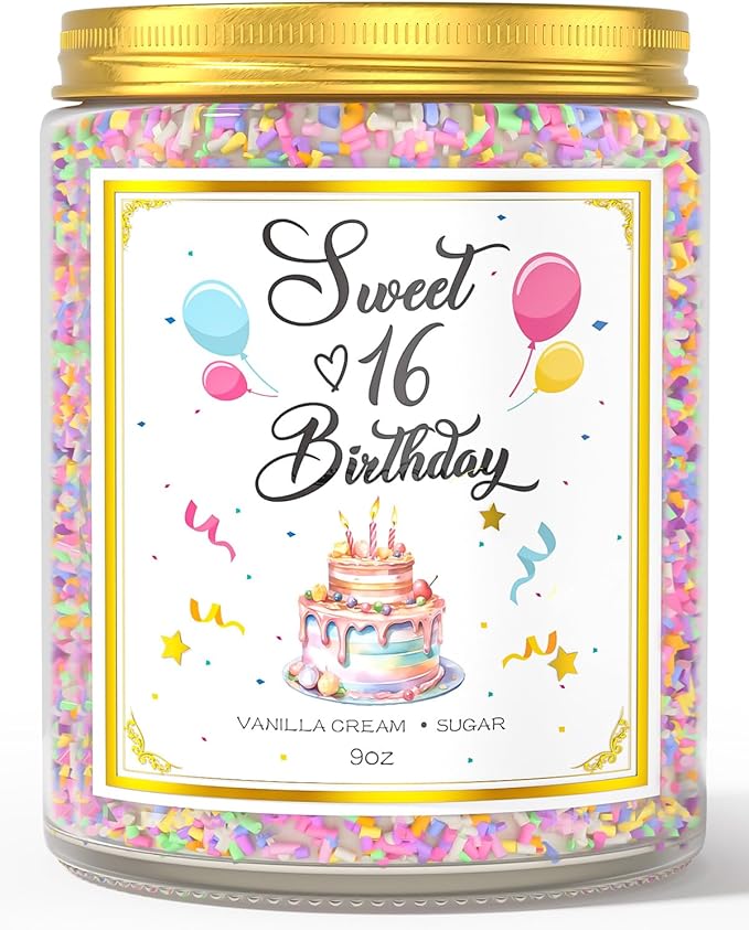 Sweet 16 Birthday Candles for Women - 9 oz Happy Birthday Candle with Vanilla Birthday Cake Scent, Gifts for Women & Men, Friendship Ideas