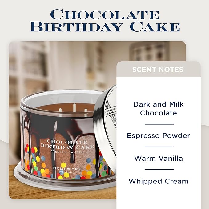 HomeWorx by SLATKIN + CO. Candle- Chocolate Birthday Cake, 18 oz. Premium Scented Candle - 30-55 Hours Burn Time
