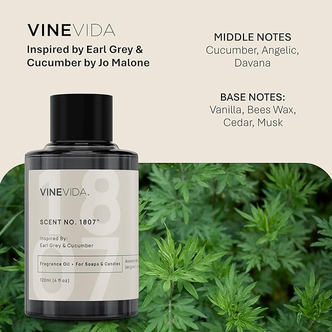 VINEVIDA [120mL] Earl Grey & Cucumber Fragrance Oil for Candle Making - Natural Candle Oil Scents - Soap Making Essential Oil - Made in USA