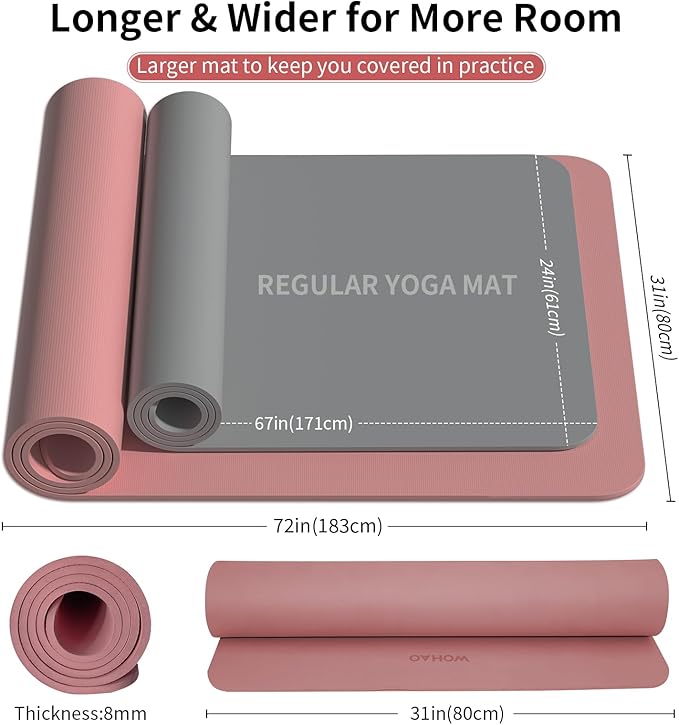 WOHAO Extra Wide & Thick 8mm Yoga Mat, 72"x31.5" Large Non Slip Exercise Mat, Premium POE Material for Superior Cushioning & Stability, with Strap for Home Gym, Pilates