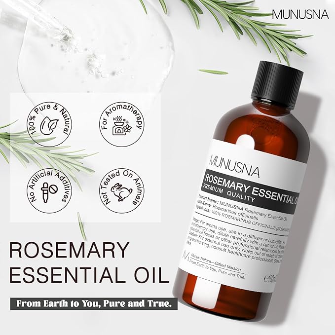 Rosemary Essential Oil 100ML, 100% Pure Rosemary Oil for Hair Growth, Premium Grade Aromatherapy Oils for Skin Care, Body Massage, Diffuser, Soap and Candle Making