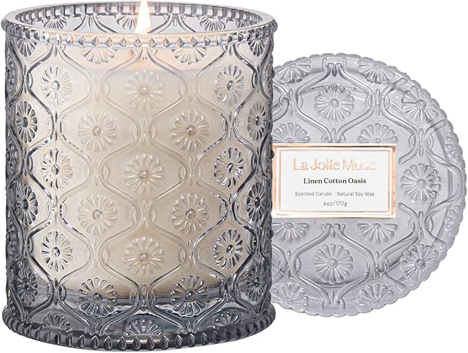 LA JOLIE MUSE Linen Cotton Oasis Scented Candle - Cotton, Jasmine & Warm Musk | 6 oz Natural Soy Wax | 40 Hours Clean Burn | Gift-Ready for Hosts, Gatherings | Elegant Home Décor