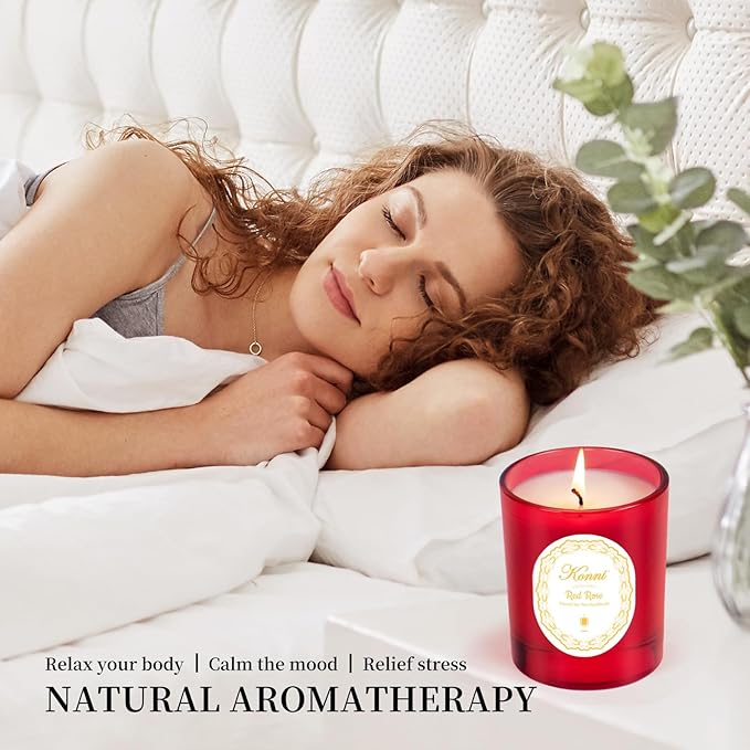 KONNI Scented Candles, Red Rose Soy Candle, Single-Wick Jar Candles Aromatherapy Candle with 40 Hours of Burn Time, Birthday, Valentine, Christmas, Anniversary Present 7 oz