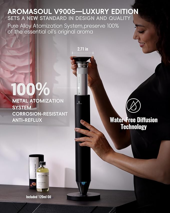 Waterless Scent Diffuser Starter Kit - 1500 Sq Ft Coverage, Alloy Atomization System,Mood Light,Smart Rechargeable Hotel Scent Diffuser, Including 120ml Essential Oil, for Home,Large Room,Spa,Black