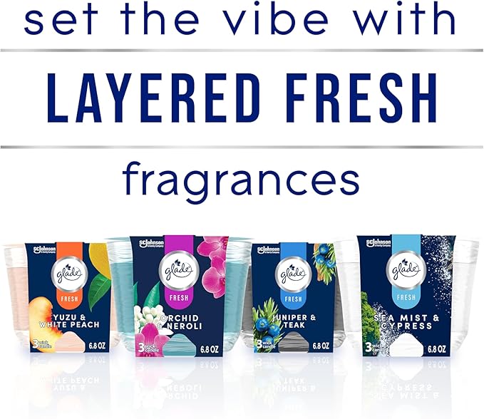 Glade Juniper & Teak Fresh Collection Candle - Fragrance Infused with Essential Oils, Air Freshener, 3-Wick, 6.8 Oz, 3 Count