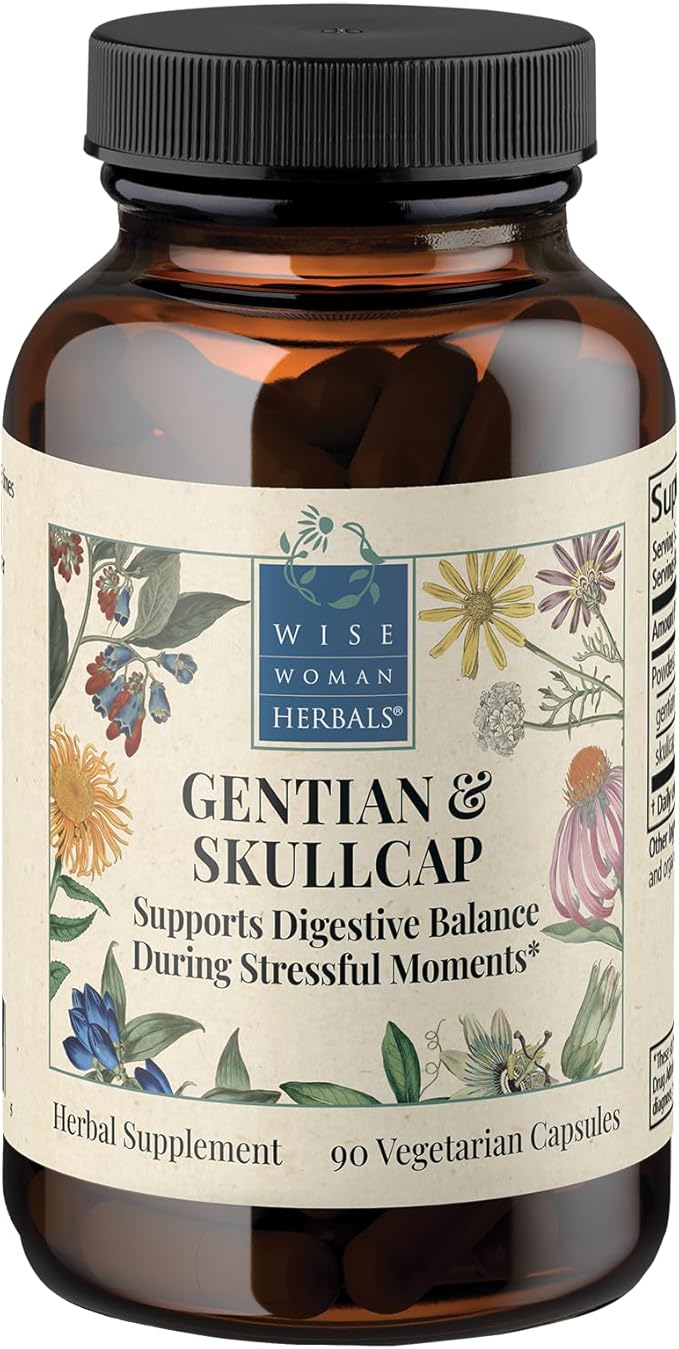 Wise Woman Herbals Gentian & Skullcap Digestion Support Supplement, Non-GMO, Bloating & Indigestion Relief, Supports GI Motility & Gut Comfort, Mood Balance, 90 Veg Caps