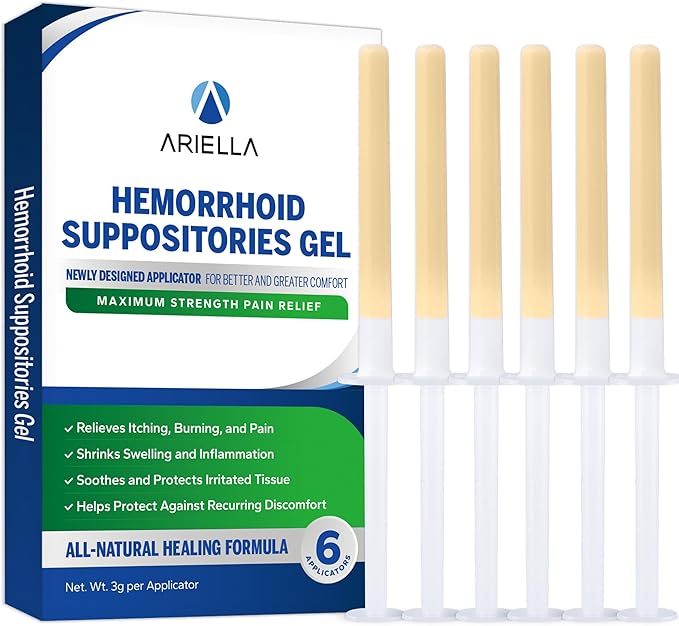 Ariella Hemorrhoid Treatment Suppository Gel: 6 Count - Natural & Herbal - Relieve Itching Burning Discomfort - Internal Relief - New Rounded Applicator - Nighttime Use
