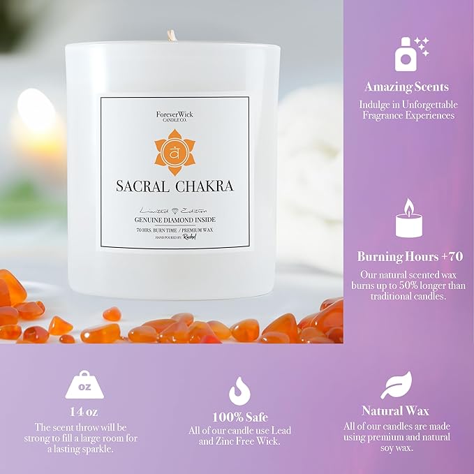 Foreverwick Sacral Chakra Candle | Scented Candle with Ylang Ylang Scent | Carnelian Crystal Candle | Chakra Healing, Sage Cleansing & Meditation Candle | 14 oz Organic Candle