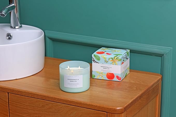 Grapefruit Vanilla 3 Wick Scented Soy Candle, 15.8 oz - Citrus & Vanilla Aromatherapy Stress Relief Candle for Home - Long Lasting Clean Burn, Highly Scented, Strong Throw - Housewarming Gift