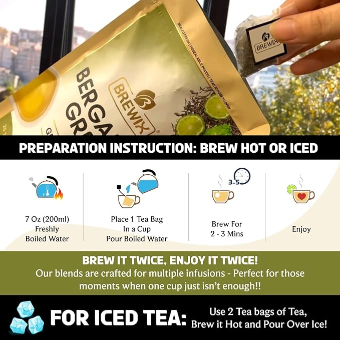 BREWIX, Bergamot Green Tea (25 Pyramid Tea Bags) | Caffeinated Tea Loose Leaf Earl Grey Green Tea With Pure Bergamot | High Elevation Grown