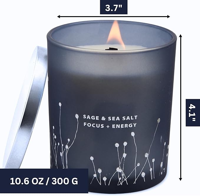 White Sage Sea Salt Wood Wick Soy Scented Candle, 10.6 oz | Sage Candle for Cleansing House | Aromatherapy Energy Cleansing Candle for Home, Meditation, Clean Burning Long Lasting