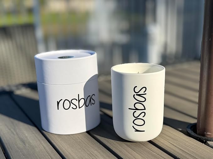 Rosbas Candle, Palo Santo Scented, Natural Soy Wax, White Ceramic Jar, 8 oz, Cotton Wick, Gift Box, Long Burn Time, Home, Non-Toxic, Handmade in The USA