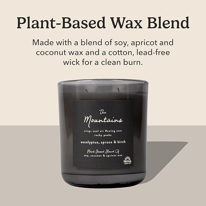 PACHA SOAP Co. Origins & Elements Candle Collection, The Mountains, 12 oz - Scents of Eucalyptus, Birch & Spruce - Clean Burning, Soy, Coconut & Apricot Wax, Lead-Free Wick, Cruelty-Free, Recyclable