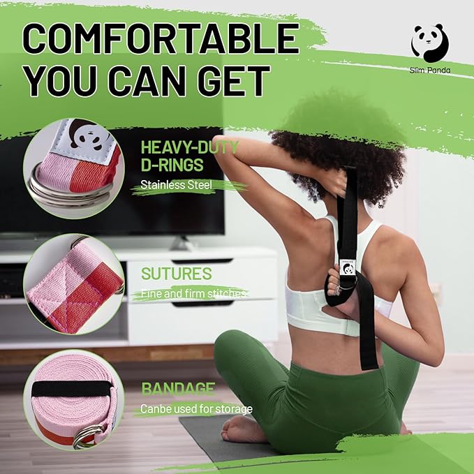 Slim Panda Yoga Strap for Stretching,Cotton Yoga Strap with Adjustable D-Ring Buckle,Non-Elastic Yoga Belt for Pilates,Gym Workouts,Physical Therapy,Improve Flexibility