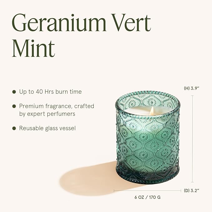 LA JOLIE MUSE Geranium Vert Mint Candle - Mint, Geranium, Lavender | 6 oz Natural Soy Wax | 40 Hours Clean Burn | Fresh Scented Candle | Gift-Ready for Hosts & Gatherings