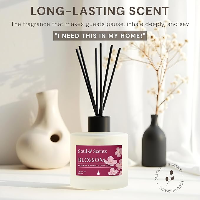 Soul & Scents Reed Diffuser Set – Blossom | 7.43 oz Refillable Scented Oil with 6 Fiber Sticks | Long-Lasting Home Fragrance & Air Freshener for Bedroom, Bathroom, Office | Gift & Décor Piece