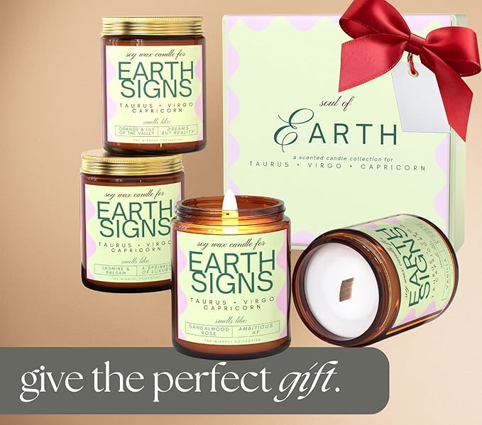 Taurus, Virgo, Capricorn Gifts for Women - Wood Wick Candles, 4 Pack Small Scented Candles Set for Women. 6oz Natural Soy Wax, Aromatherapy Set for Home. Zodiac Astrology Birthday Spiritual Gifts