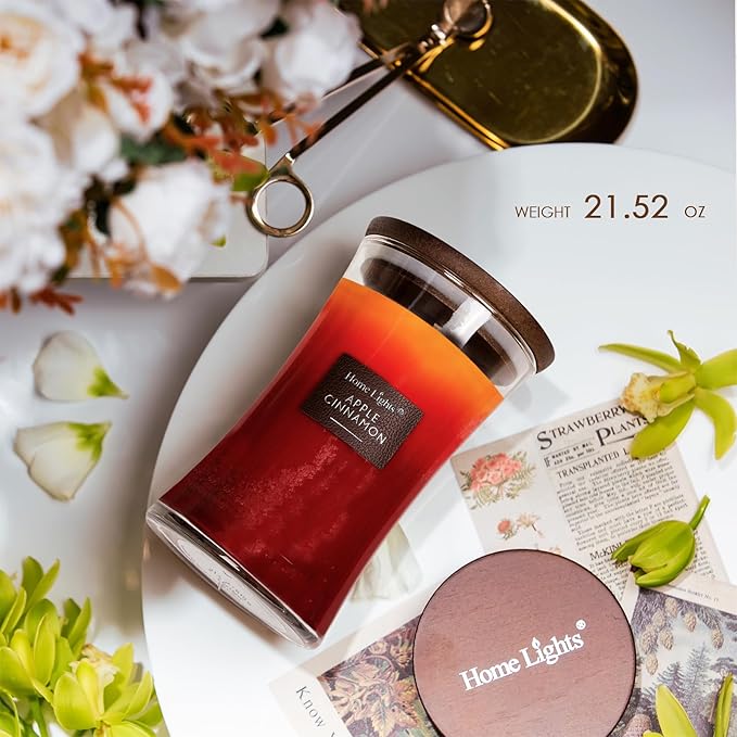 HomeLights 3-Layer Candles for Home Scented, 21.52 OZ Natural Soy Wax Scented Candles Burns Up to 100 Hours, Large Jar, Apple Cinnamon
