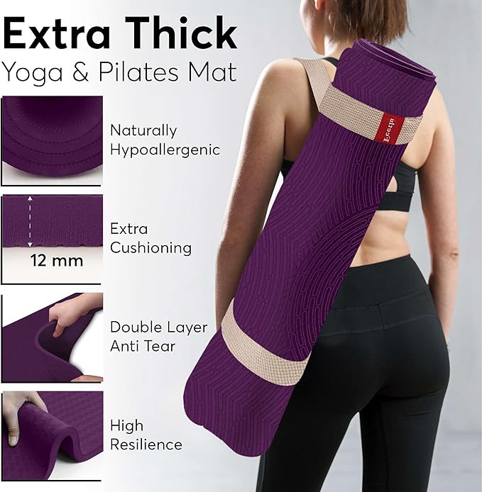 Feetlu Extra Thick 12mm Exercise Mat – Non-Slip, Joint-Friendly & Cushioned Fitness Mat for Yoga, Pilates & Floor Workouts – Durable, Supportive & Includes Feetlu Classic Strap
