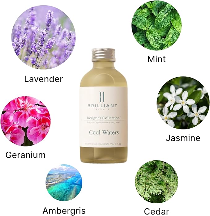 Brilliant Scents Cool Waters Fragrance Oil 120ml - Premium Diffuser Oil for Home, Office, Hotels - Long Lasting, Plant-Based, Meets IFRA Standards, USA-Made - Mint, Lavender, Tobacco