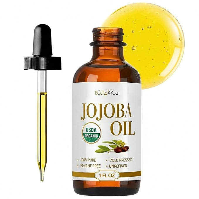 BodyJ4You Organic Jojoba Oil for Skin - USDA Organic 100% Pure Natural - Face Skin Gua Sha Facial Dermaplaning Hair Scalp Massage - Unrefined Cold Pressed Hexane Free - Base Carrier Wax - 1 Fl Oz