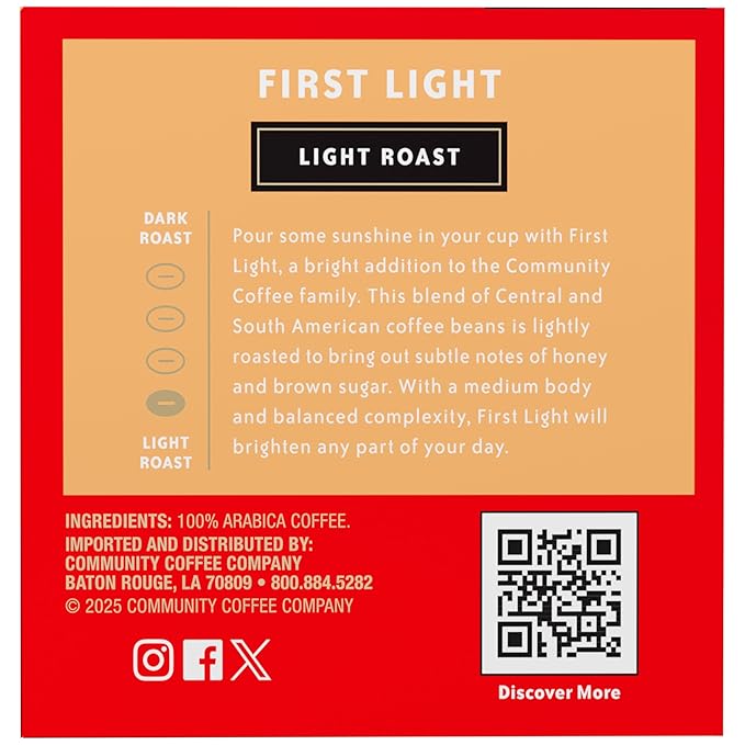Community Coffee First Light, 12 Keurig Coffee Pods, Light Roast, Compatible with all K-Cup Brewers, 12 Count (Pack of 1)