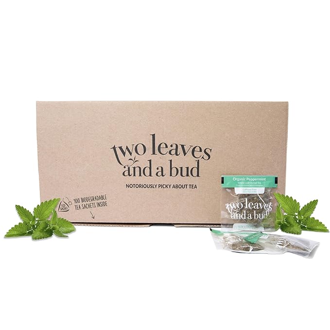 Two Leaves and a Bud Organic Peppermint Tea Bags, Naturally Caffeine Free, Herbal Whole Leaf Peppermint Tea in Compostable Sachets, 100 Count (Pack of 1)