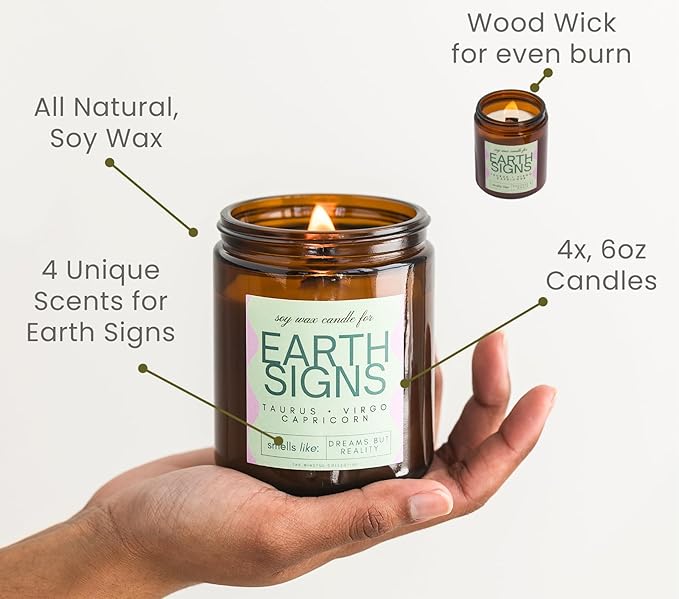 Taurus, Virgo, Capricorn Gifts for Women - Wood Wick Candles, 4 Pack Small Scented Candles Set for Women. 6oz Natural Soy Wax, Aromatherapy Set for Home. Zodiac Astrology Birthday Spiritual Gifts