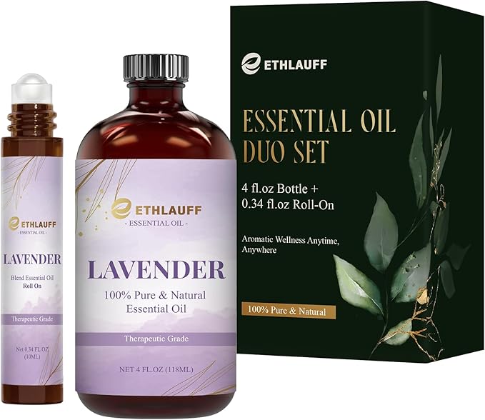 Lavender Essential Oil (4 fl.oz Bottle + 0.34 fl.oz Roll-On) — Lavender Oils for Aromatherapy, Diffusers, Humidifiers, Home fragrances, DIY Skincare, Candle, Soap Making, Relaxation, Yoga