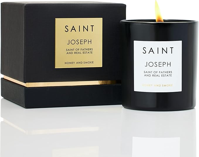 SAINT Joseph Scented Candle with Prayer and Prayer Coin, Saint of Fathers and Real Estate, Soy Coconut Aromatherapy Candle with 50 Hour Burn Time