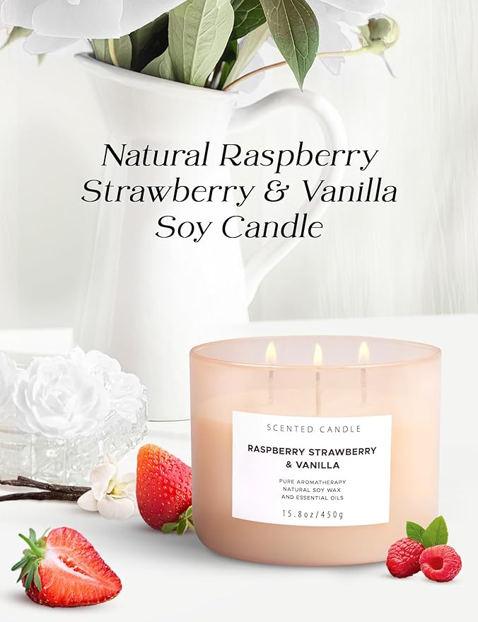Raspberry Strawberry Vanilla 3-Wick Scented Soy Candle 15.8 oz | Large Sweet Berry Vanilla Scented Candle for Home | Stress Relief & Relaxing Aromatherapy Candle | Strong Throw & Long-Lasting