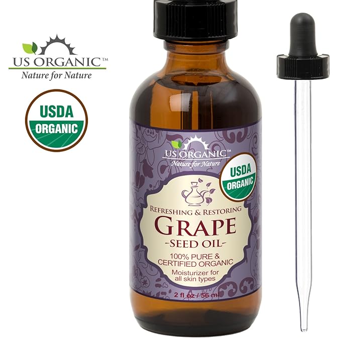 US Organic Grape Seed Oil, USDA Certified Organic, 100% Pure & Natural, Cold Pressed Virgin, Unrefined, in Amber Glass Bottle w/Glass Eyedropper for Easy Application (2 oz (56 ml))