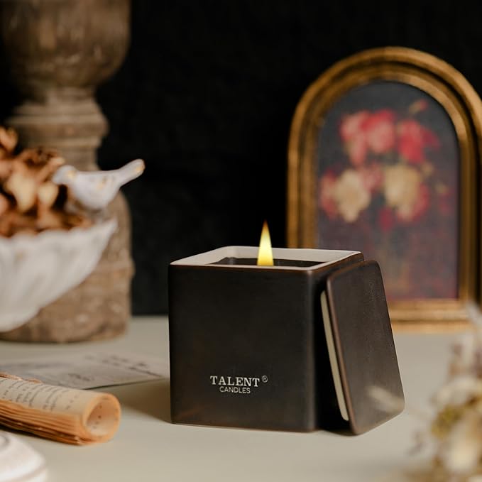 Candles for Home Scented, Modern Rustic Ceramic Candle Jar, Soy Candles Non Toxic in Elegant Ceramic Jar, Dark Leather & Oud