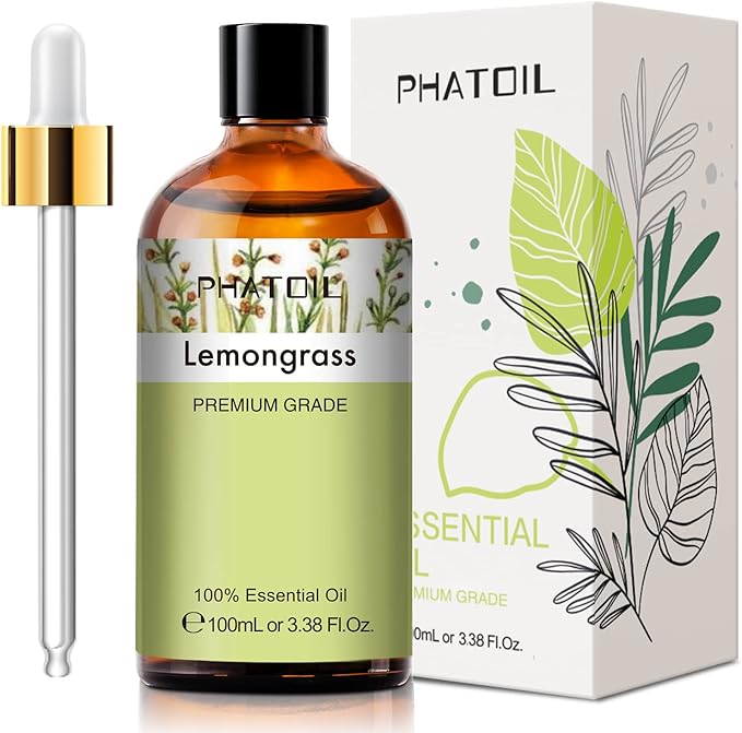 PHATOIL 100ML Lemongrass Essential Oil, 3.38FL.OZ Essential Oils for Diffuser, Humidifier, Relax, Aromatherapy, Lemongrass Oil Scented Oils for Soap, Candle Making