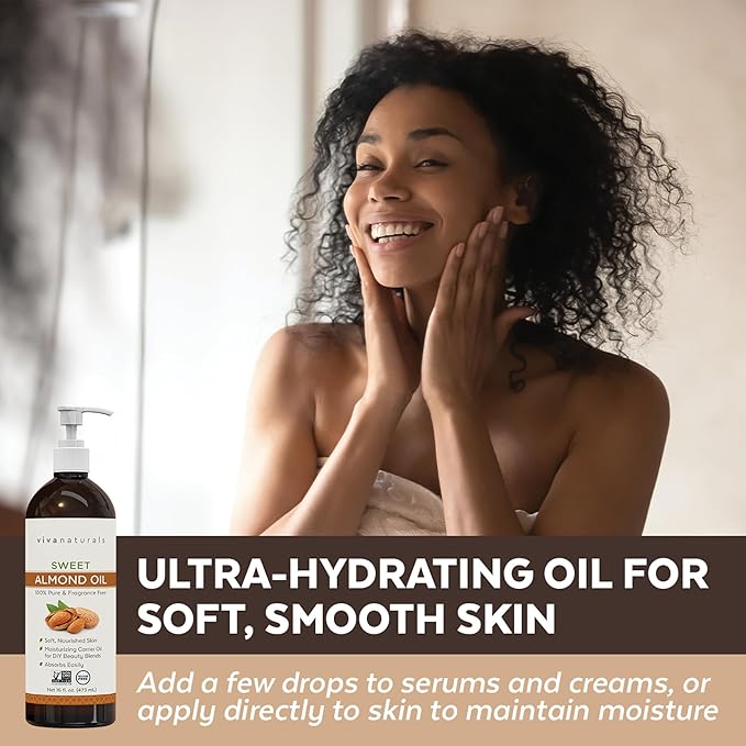 Viva Naturals Sweet Almond Oil, 16 fl. oz – Skin & Hair Moisturizer, Body & Massage Oil, Carrier Oil for Essential Oils, Non-Greasy & Pure