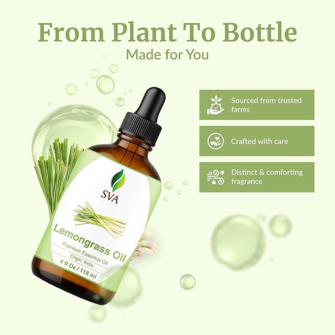 SVA Lemongrass Essential Oil – 4 Fl Oz – 100% Natural Lemongrass Oil - for Diffuser, Hair Care, Face, Skin Care, Aromatherapy, Scalp and Body Massage, Soap and Candle Making - with Dropper