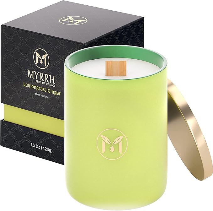 MyrrhUSA Lemongrass Ginger Scented Candle – 15oz Natural Soy Wax with Crackling Wooden Wick & Essential Oil, 80 Hour Burn, Luxury Aromatherapy Candle for Relaxation, Home Décor, Living Room & Bathroom