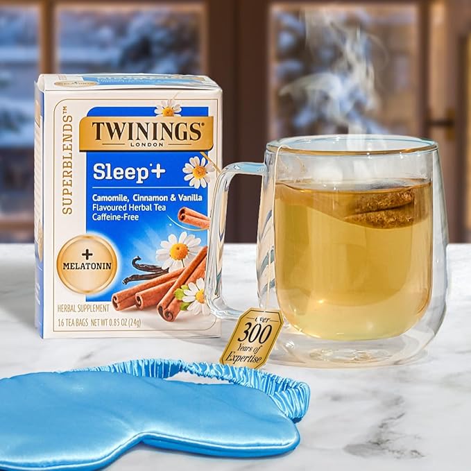 Twinings Superblends Sleep+ Herbal Tea with 1mg Melatonin, Camomile, Cinnamon & Vanilla, Naturally Caffeine-Free, 16 Tea Bags (Pack of 6), 96 Teabags