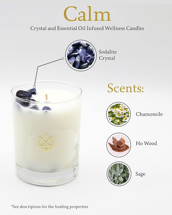 Luxury Glass Jar Candle, 14.5 OZ, Calm - Sodalite Healing Crystal Infused - Scents of Chamomile, Howood, & Sage - Destress, Insight, Serenity, & Peace - Coconut Wax, Essential Oils