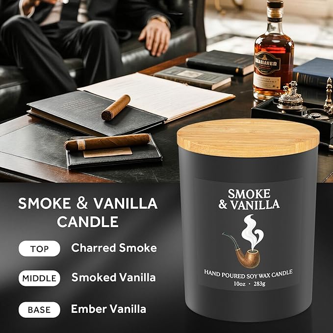 NORVENCE Candles for Men, Smoke ＆ Vanilla Scented Candle Gifts for Men and Women, 10oz Soy Candles with Bamboo Lid for Home Scented, Birthday Gifts for Men